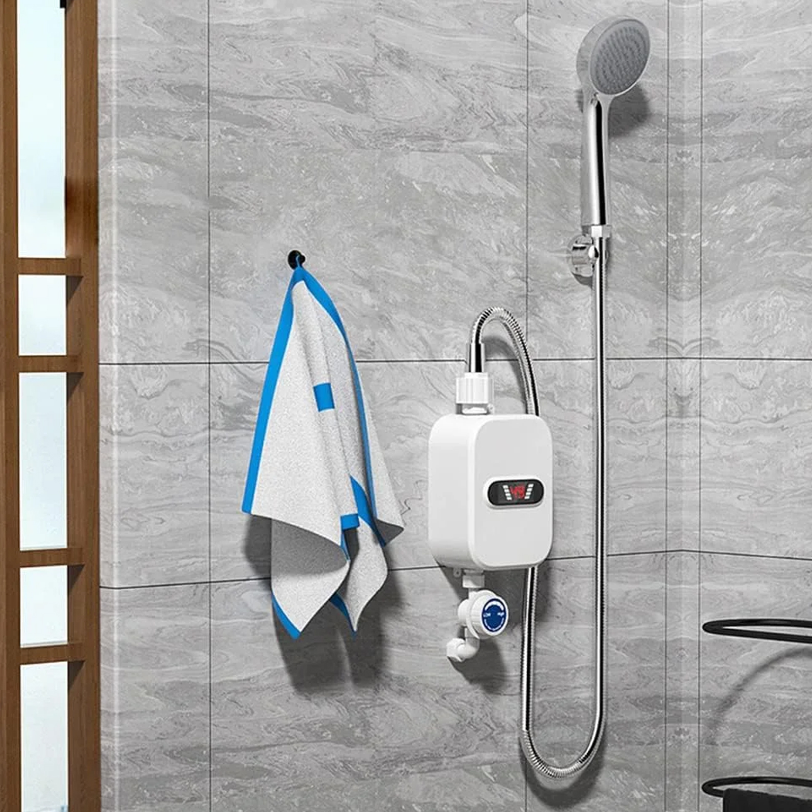 Electric Tankless Water Heater with Shower Head Set, 3500W Portable Electric Instant Hot Water Heater for Shower, LCD Display On Demand Mini Water Heater for Kitchen, Bathroom, Camping & RV