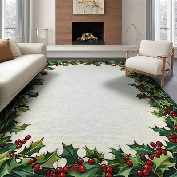 ODIKA 8'x10' Washable Area Rug Round Leaves Rings Festive Botanical Snake Motif Border Circle for Dining Room, Large Office, Lounge, Non-Slip Chair-Friendly Mat