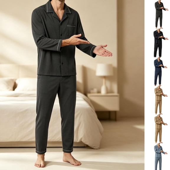 Zenithor Men's Soft Pajama Set Cozy Button Down Pajamas for Men Long Sleeve 2 Piece Sleepwear Lounge Sets with Pockets,L-4XL Gray