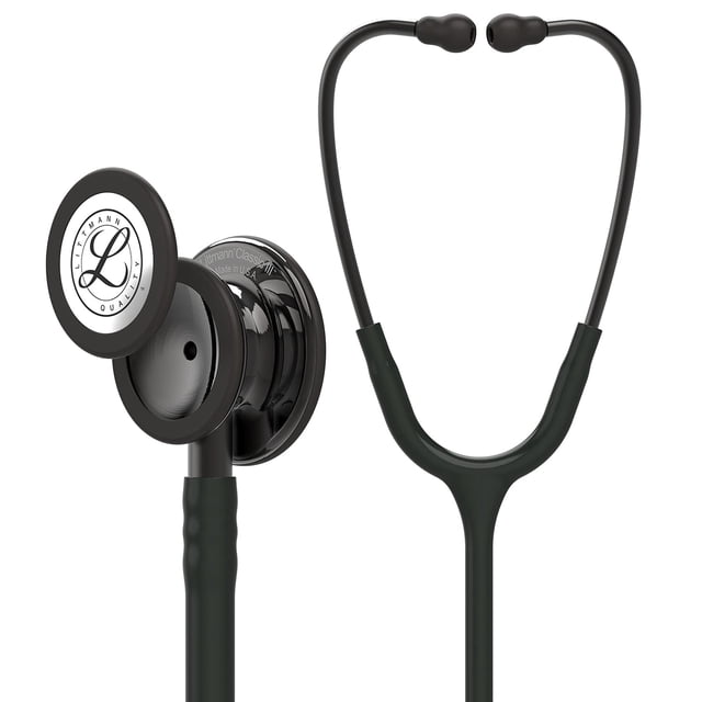 3m littmann estetoscopio classic iii, manguera color negro, acabado humo, 69 cm (modelo 5811) Estetoscopio Classic III de 69 cm con tubos negros y pechera estilo humo, vista frontal y detalle del diafragma sintonizable y auriculares ajustables; herramienta profesional para auscultación, también usado frecuentemente en enseñanza clínica.