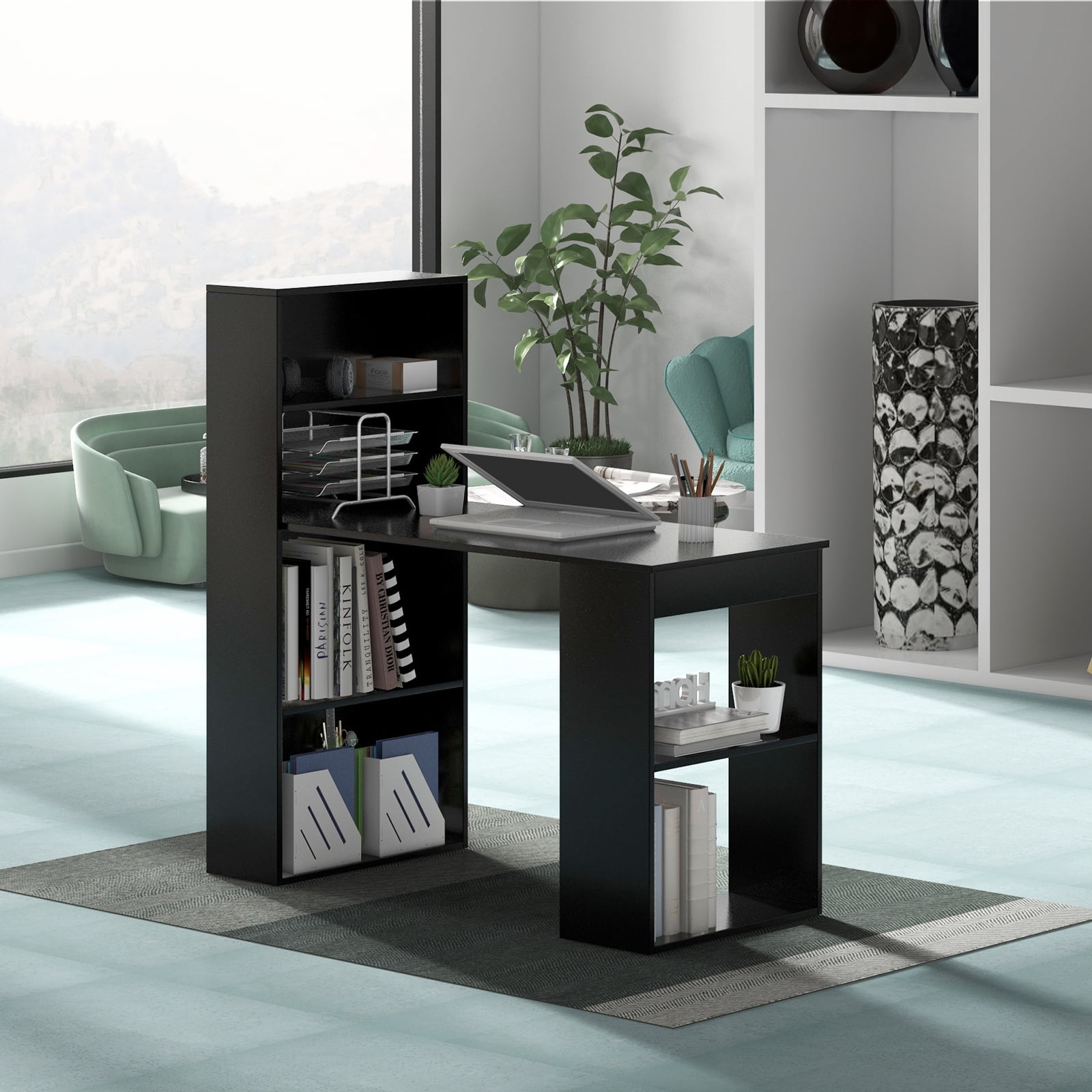 Topbuy 48 Inch Computer Desk with Bookshelf 3-in-1 Home office Desk with 4-Tier Bookcase & CPU Stand Space-saving Reversible Writing Desk Black