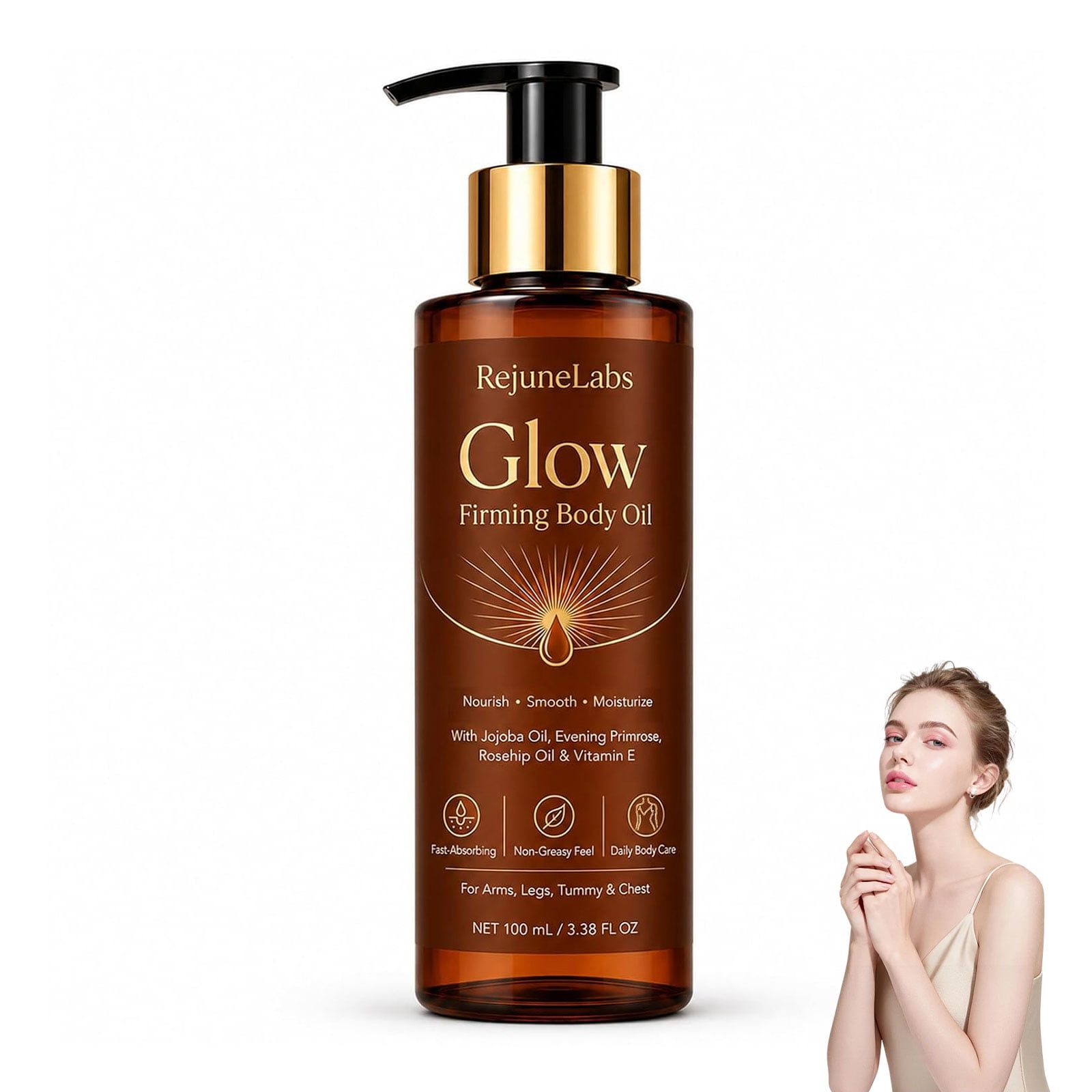 RejuneLabs Glow Body Oil for Women, Lightweight Moisturizing Oil with Jojoba & Rosehip, Fast Absorbing Non-Greasy Formula, 3.4 fl oz (1 PC)
