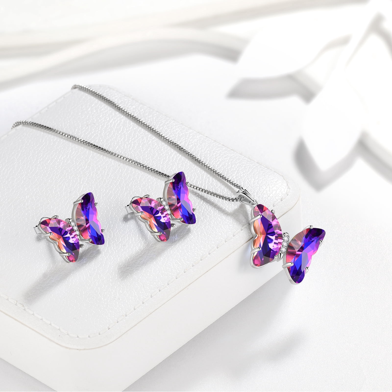 Purple Butterfly Jewelry Sets Necklace Earrings Sterling Silver, Amethyst Jewelry Set February Birthstone Crystal Women Birthday Mother's Day Gifts