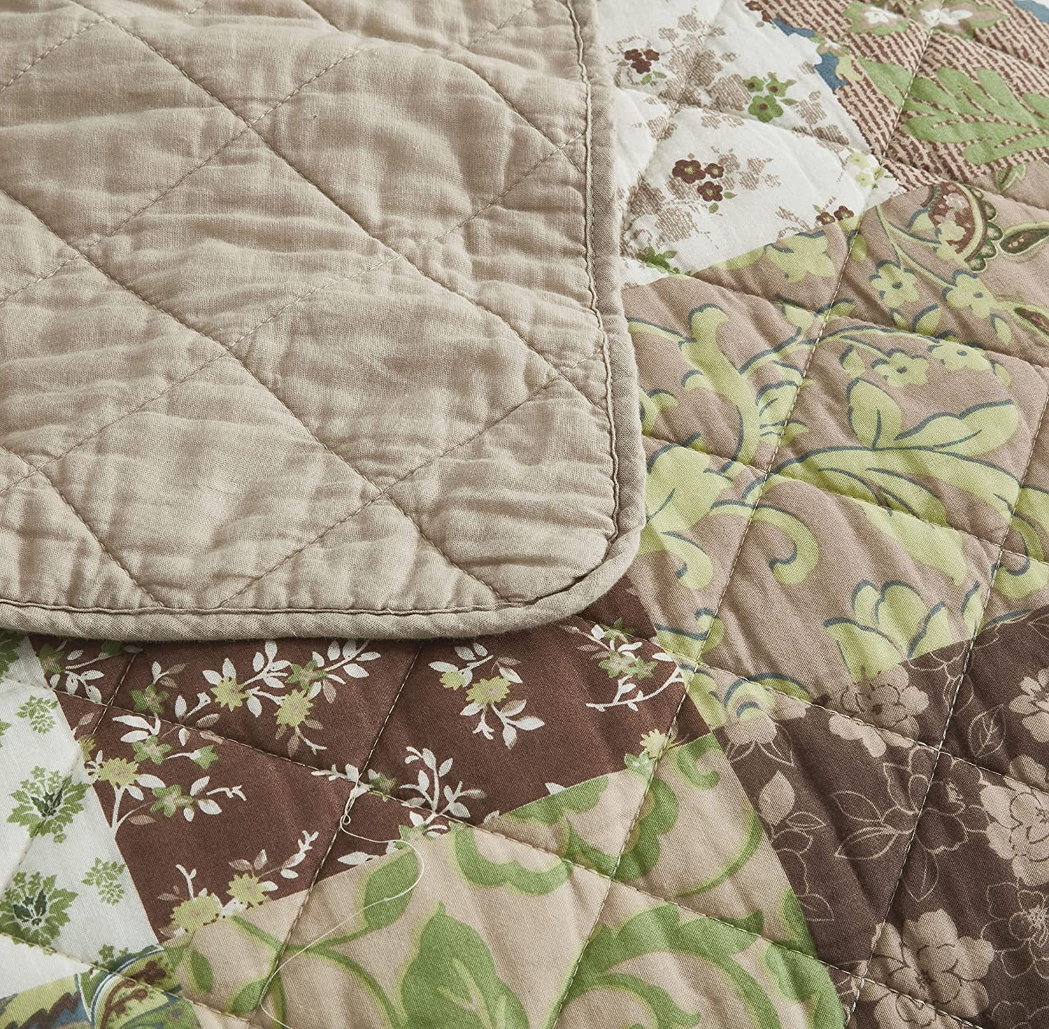 Chezmoi Collection Leilani 3-Piece Boho Washed Cotton Quilt Set Queen Size - Bohemian Quilted Bedding Brown Taupe Green White Floral Printed Patchwork Lightweight Bedspread Set for All Season