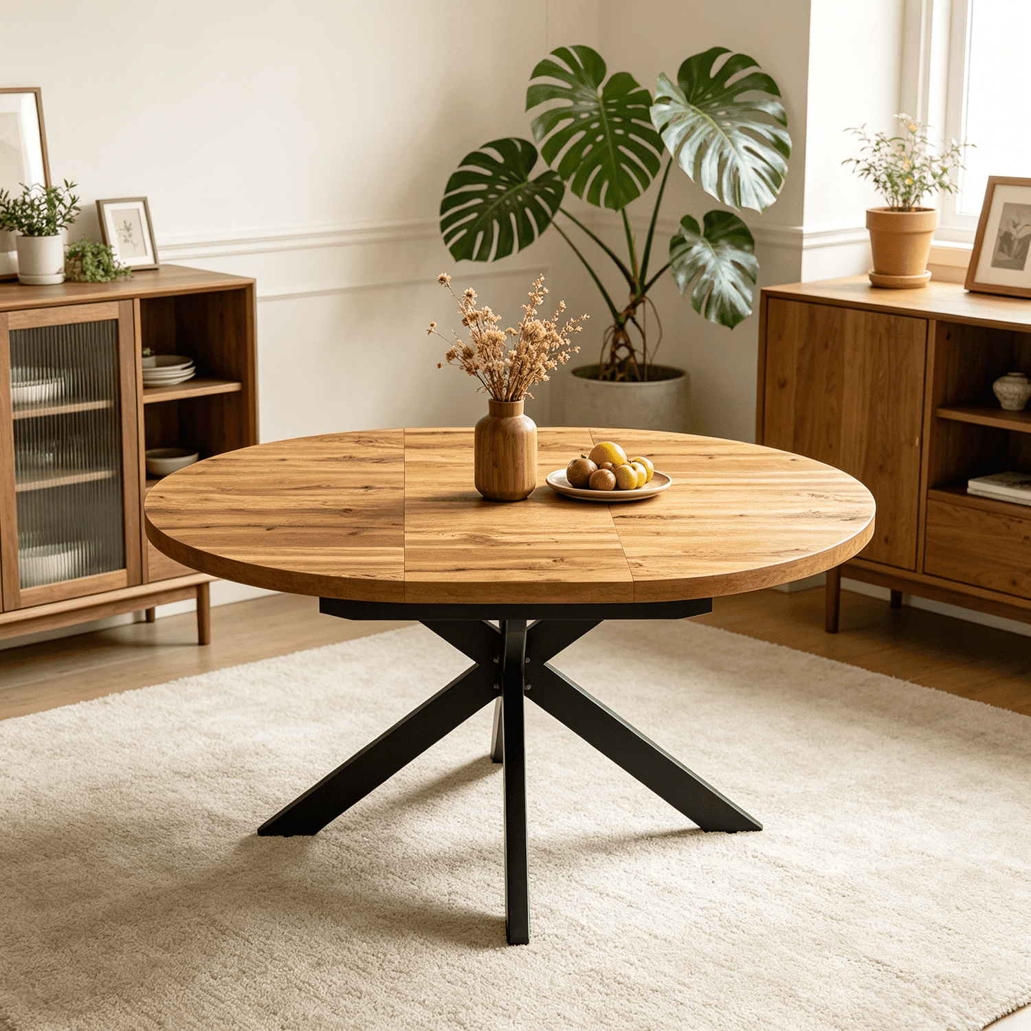 43.2"-59.2" Extendable Round Dining Table for 4-6,Mid Century Modern Wooden Round Table,Dining Room Table with Metal Frame for Dining Living Room ,Saving Space