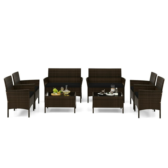 Gymax Ensemble de Conversation en Rotin pour Patio de 8 Pcs Ensemble de Meubles d'Extérieur en Osier avec Chaise