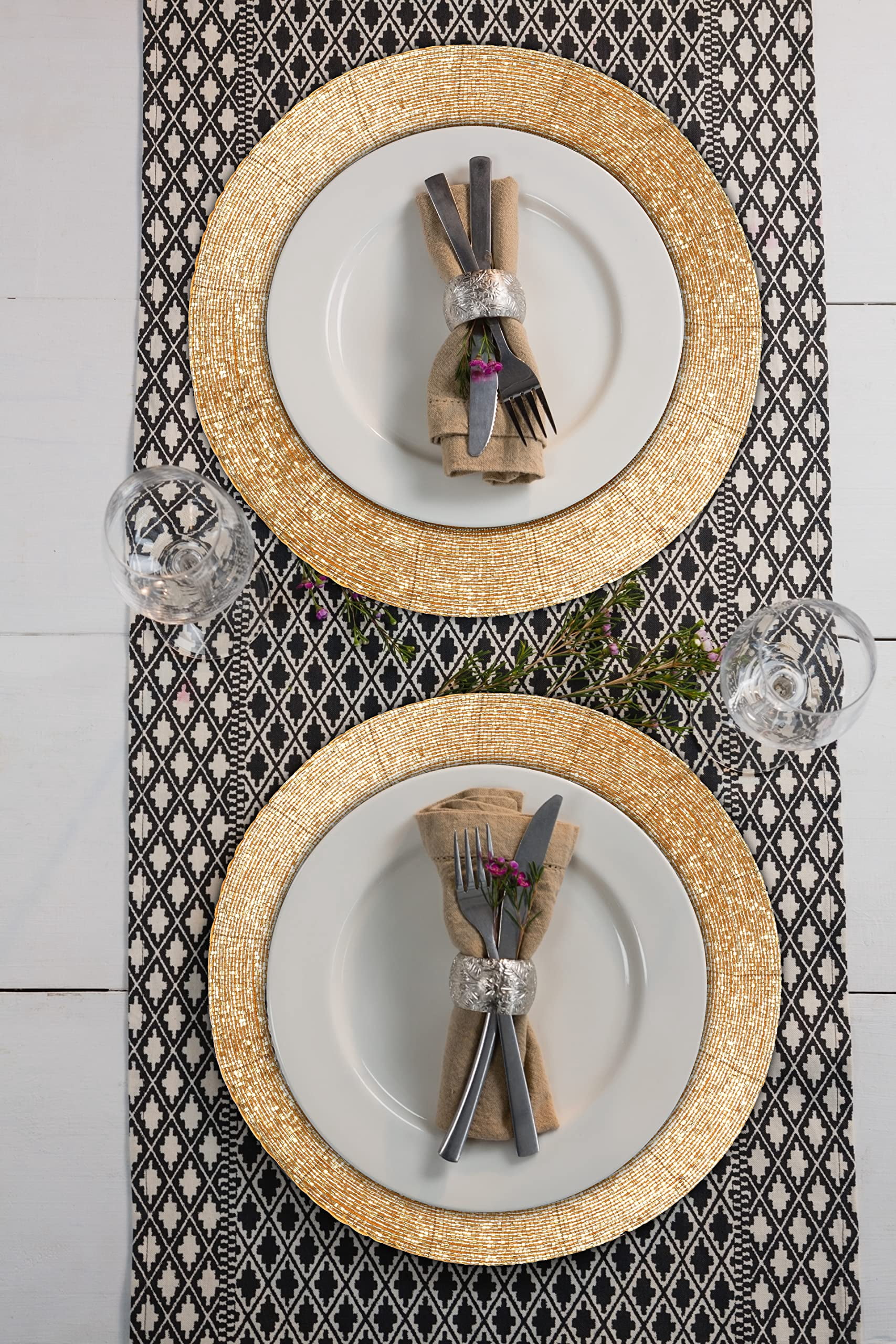 Homebia Designs Handmade Beaded Placemats Set of 4 - Round Charger Mats - Farmhouse Style Table Decor for Dining, Wedding, Holiday, and Special Occasions - Elegant Glitz Table Setting - 13 Inch Gold