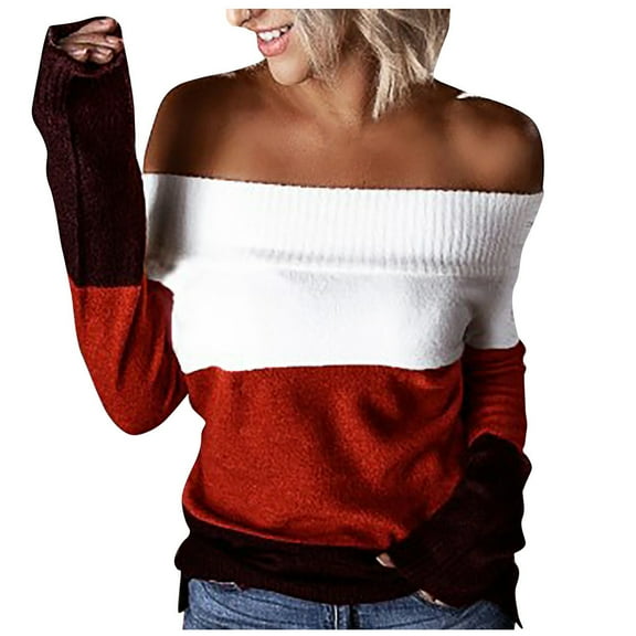 Off the Shoulder Sweaters for Women Striped Color Block Shirt Long Sleeve Cozy Jumpers Fall Knit Tops Casual Pullover