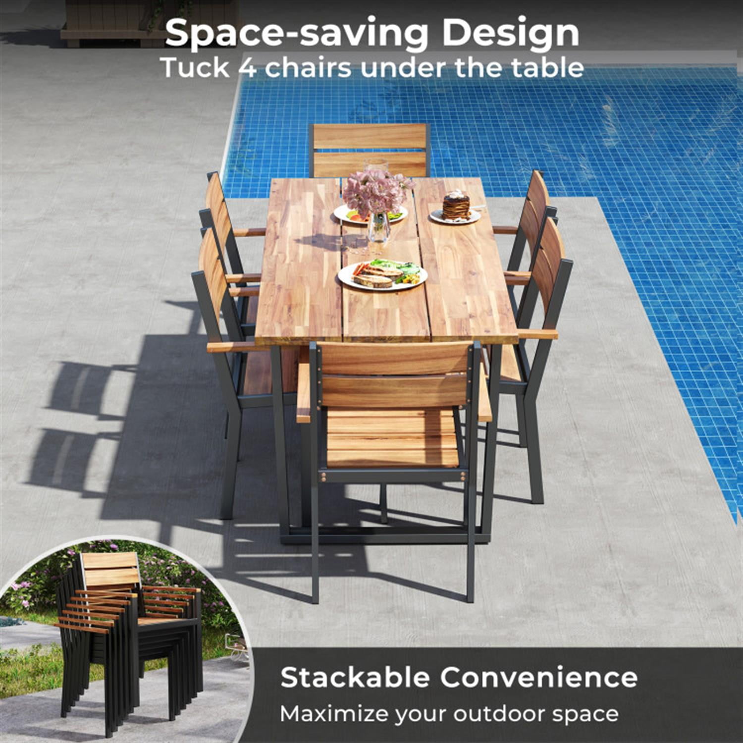 Demi Bonn 7 Pieces Acacia Wood Furniture Patio Outdoor Dining Set with Metal Frame and 2ches Umbrella Hole for Balcony Patio Garden Poolside, Brown