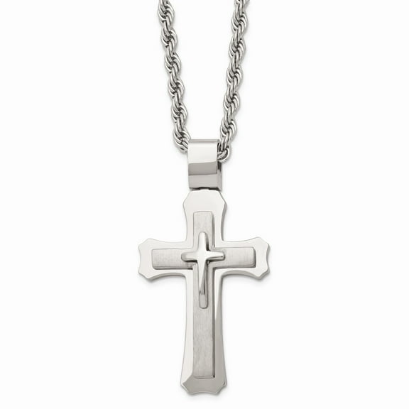 Stainless Steel Brushed and Polished Triple Layer Cross Necklace; 24 inch; for Adults and Teens; for Women and Men