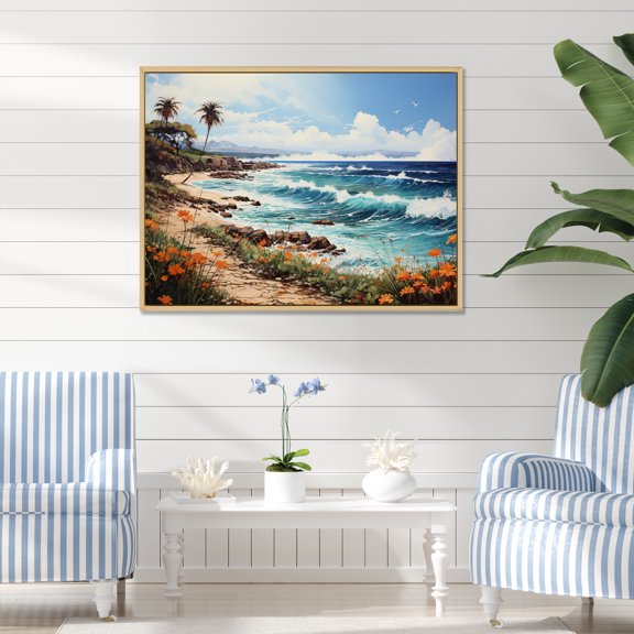 Designart "Beach Tropical Paradise Painting I" Nautical & Beach Floater Framed Wall Decor