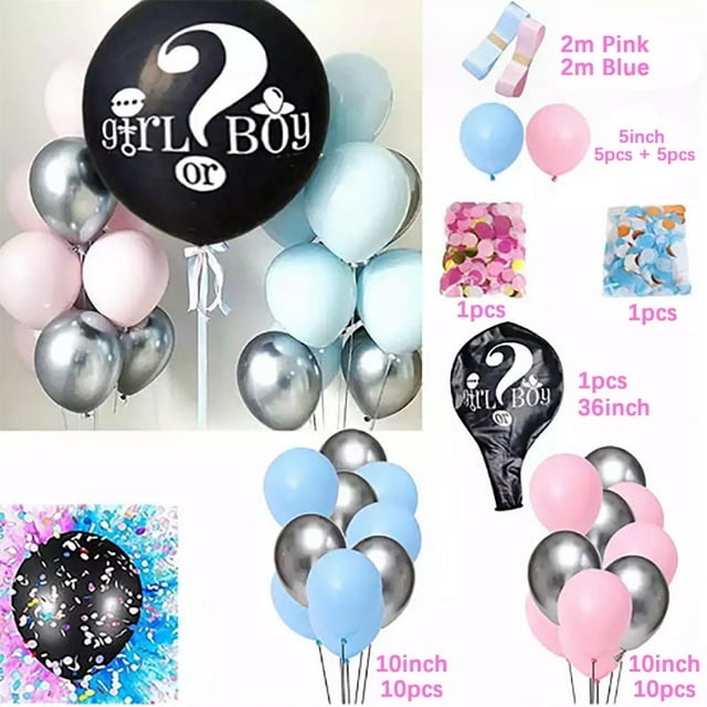 Feltree Trousse de Révélation de Genre, Ballons de 36 Po avec Ballons Bleus, Pompons et Confettis en Papier en Forme de Cœur pour Fête de Révélation de Genre de Bébé