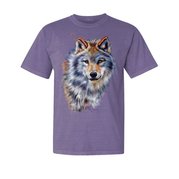 Wild Bobby, Wolf Oil Painting, Animal Lover, Garment-Dyed Washed Look Short Sleeve T-Shirt, Purple, 2XL