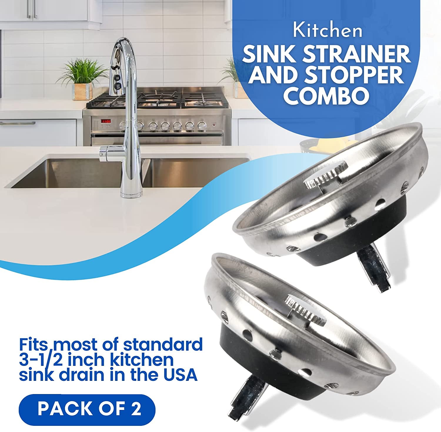 3-1/2 in. Strainer Basket Replacement for Kitchen Sink Drains Stainless Steel with Stopper and Rubber Seal (2-Pack)