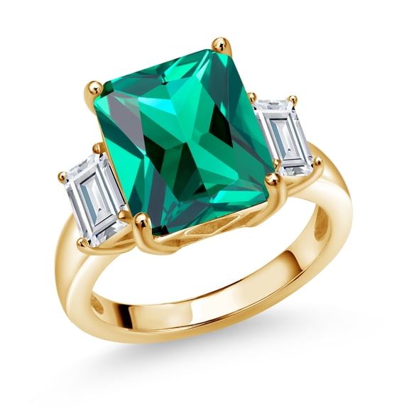Gem Stone King 18K Yellow Gold Plated Silver 3-Stone Ring Emerald Cut Green Nano Emerald and Moissanite | 6.62 Cttw | Three Stone Wedding Engagement Anniversary Promise Ring for Women | Size 5