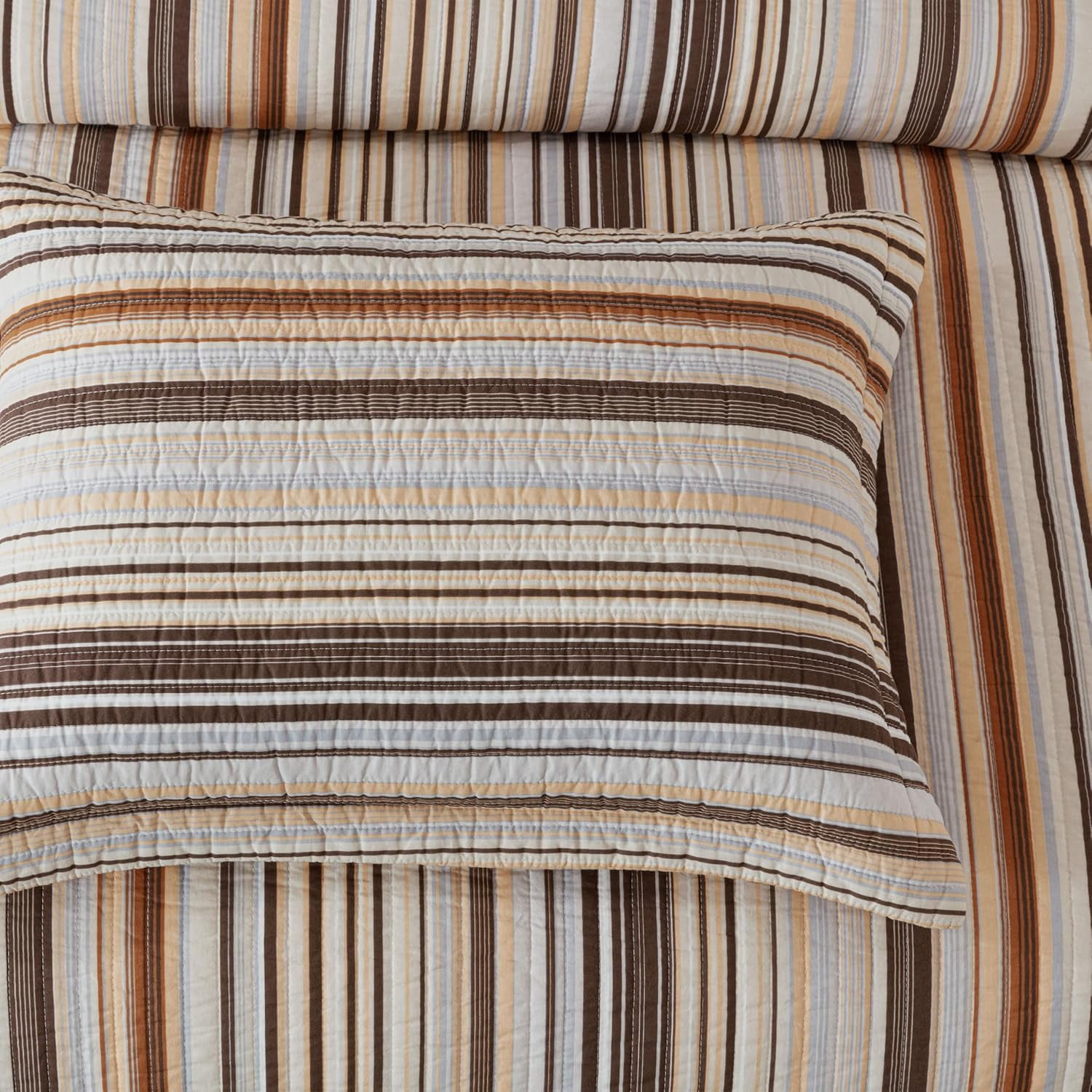 Chezmoi Collection Avery Striped Cotton Quilt Set Queen Size, 3-Piece Soft Pre-Washed 100% Cotton Quilt, Multi-Color Brown