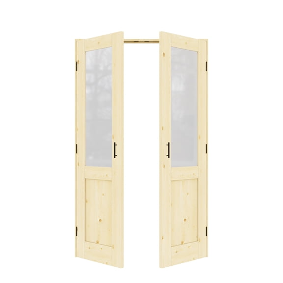 48" x 80" Half Panel Frosted Glass Pine Wood Double Doors with French Door Ready-to-Assemble Jamb, Solid Interior Door, Black Ball Catch, Unfinished Knotty Wood & Ready-to-Stain