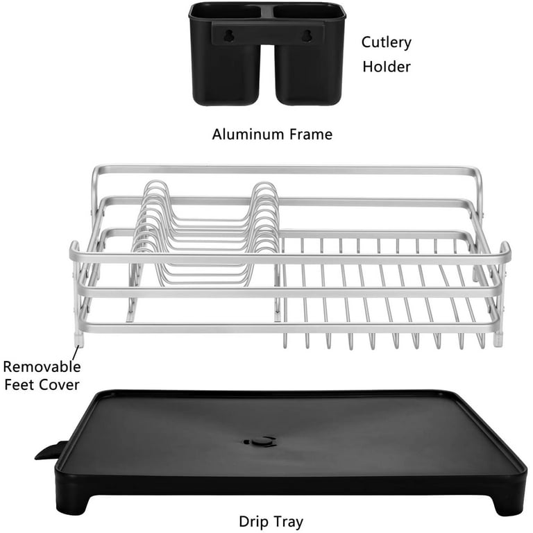 Aluminum Dish Rack with Cutlery Holder Removable Drainer Tray, Silver 