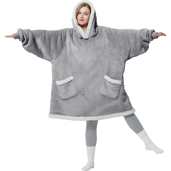 Blanket Hoodie, Wearable Blanket Hoodie as Gifts for Mom, Birthday Gifts for Women Teens Sherpa Sweatshirt, Grey, Standard