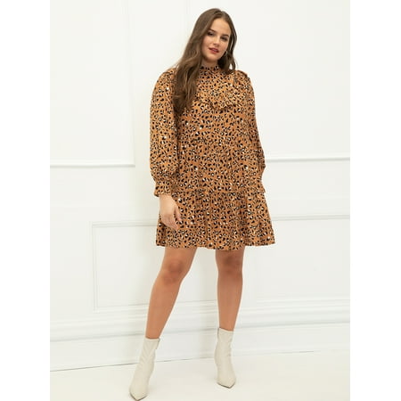 ELOQUII Elements Plus Size Cheetah Print Ruffle Yoke Tiered Dress