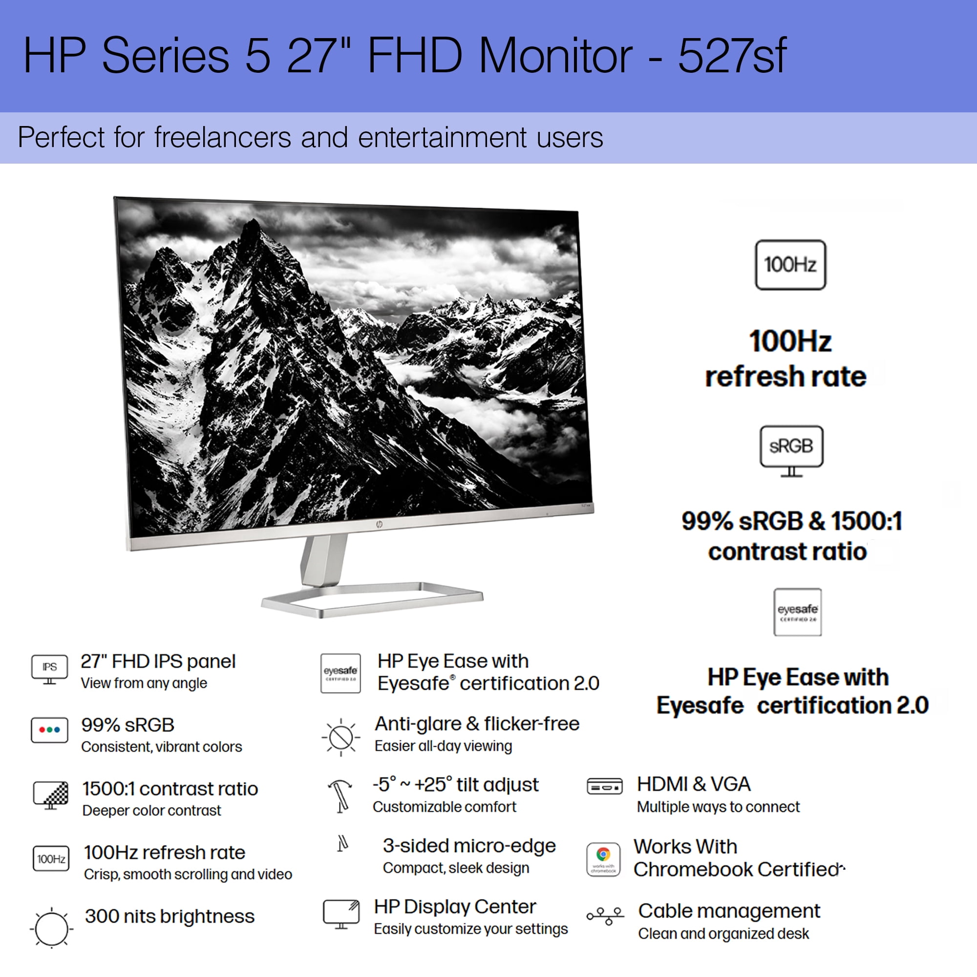 HP 527SF 27" 16:9 FHD 1080p IPS Slim Monitor Bundle Including: 3x HDMI Cable, Surge Protector, Cable Ties, Screen Cleaning Kit, Screen Protector