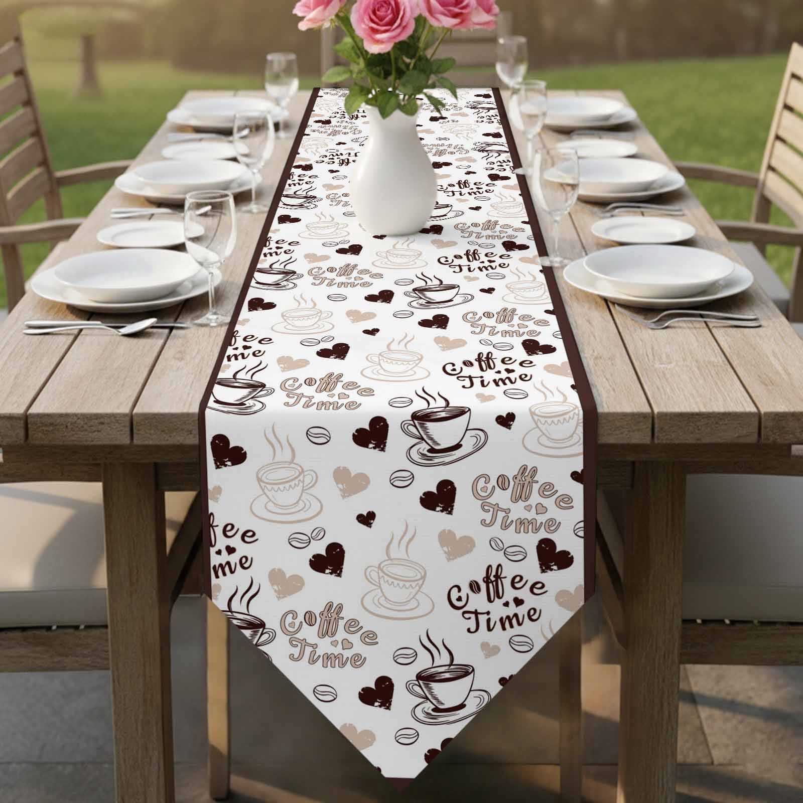 Farmhouse Coffee Cup Table Runner Linen Burlap Table Runner 120 Inches Long Vintage Coffee Beans Love Heart Dresser Scarves for Kitchen Island Coffee Dining Party Wedding Holiday Decor 13"x120"