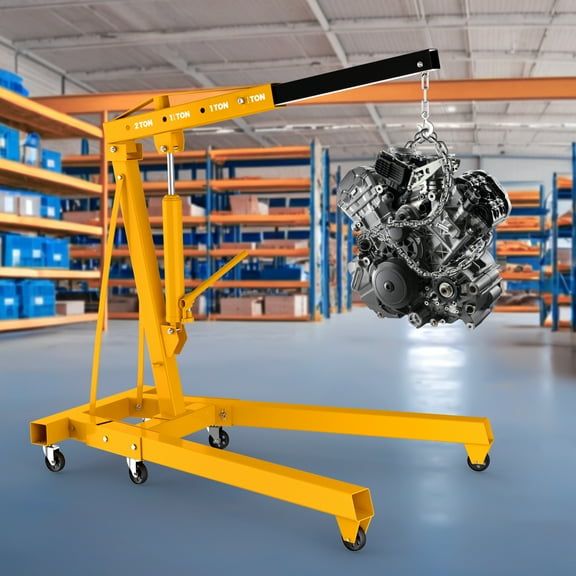 Yellow 4400Lb Capacity Engine Hoist, Folding crane with Foldable Design and 6 Casters, Heavy Duty Shop Crane, Heavy Duty Hydraulic Shop Crane for Warehouse