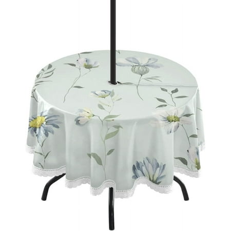 

SKYSONIC Delicate Blue Wildflowers Outdoor Round Tablecloth Waterproof Stain-Resistant Non-Slip Circular Tablecloth 60 Inch with Umbrella Hole and Zipper for Tabletop Backyard Party BBQ Decor