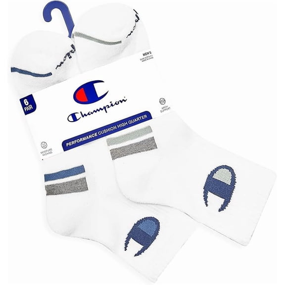 CHAMPION SOCKS MEN'S - QUARTER - LOGO 253 - WHITE - LARGE (6-12) PACK 6 XX