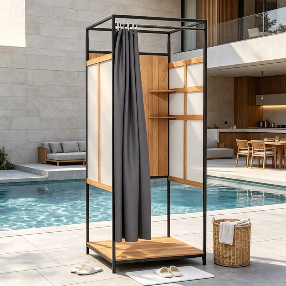 Privacy Outdoor Shower Enclosure with Metal Frame, Weatherproof Shower Stall for Pool Wash Station, Backyard & Beach Rinse Area