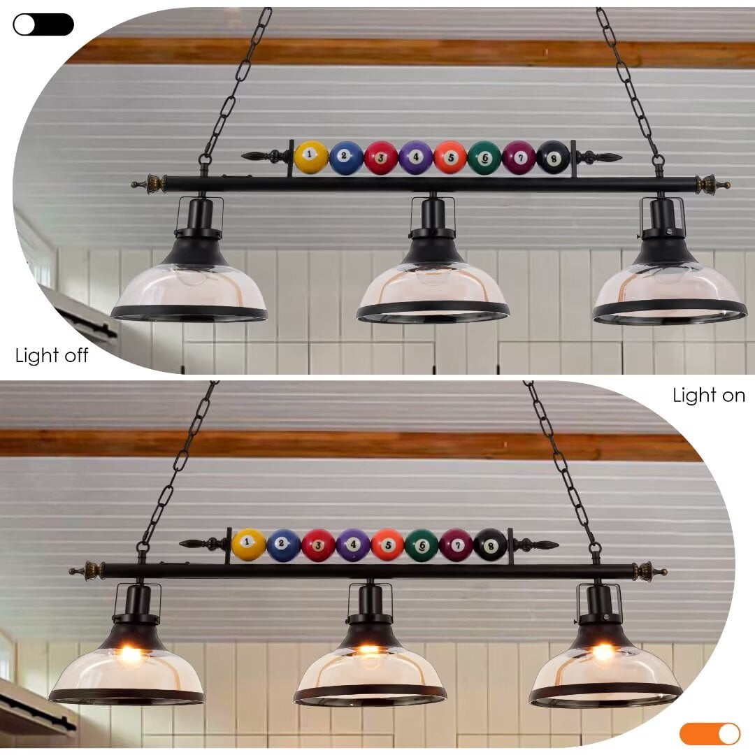 KPIBEST  3 Light Vintage Hanging Pool Table Chandelier with Clear Glass Lampshade, Special Billiard Decorative Chandelier for Game Room Kitchen Club