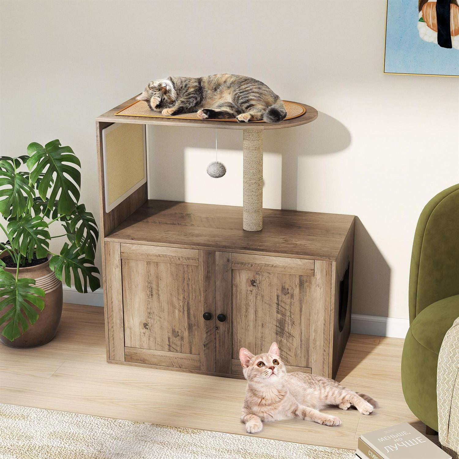 Pefilos 34.5" Cat Tree with Litter Box Enclosure, Sisal Scratching Post & Mat, Top Perch, Gray