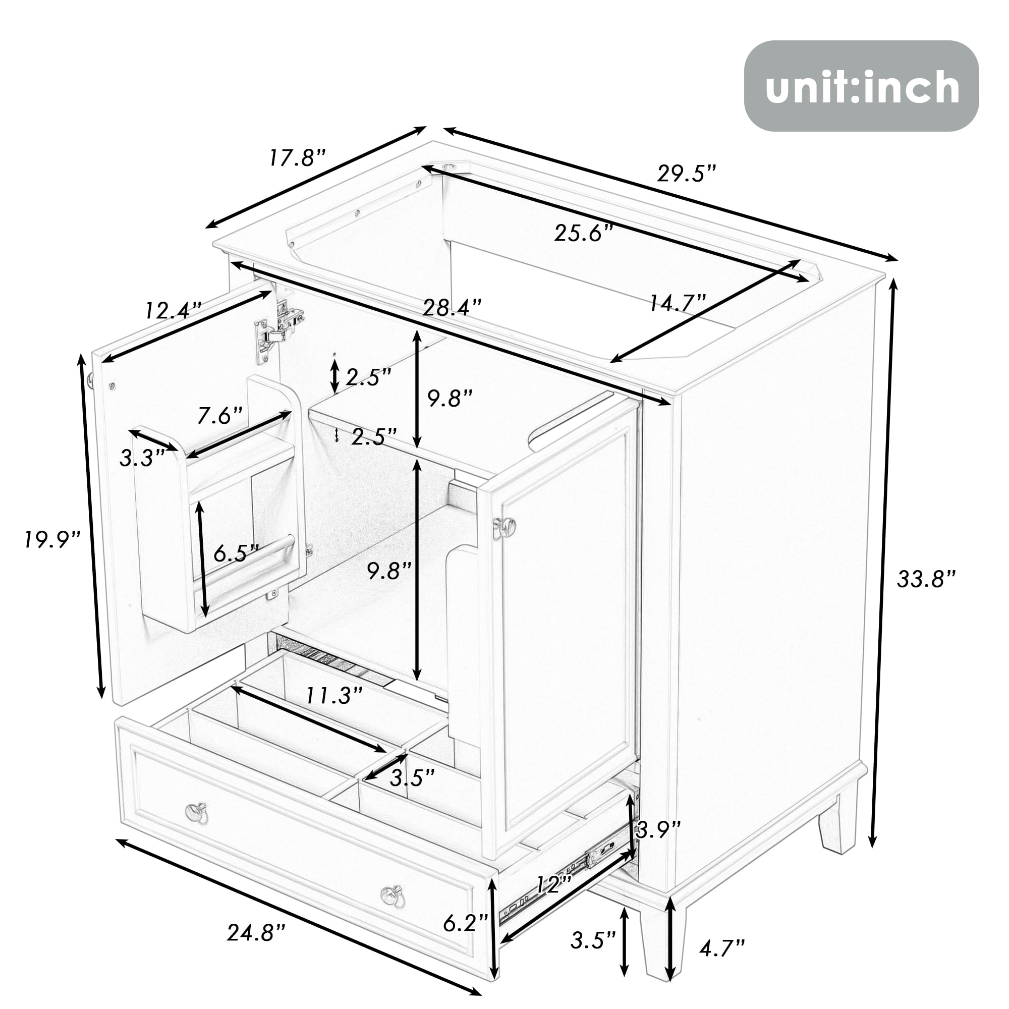 30" Bathroom Vanity Base Only, Green, Solid Wood and MDF, 2 Doors and 1 Drawer, Freestanding