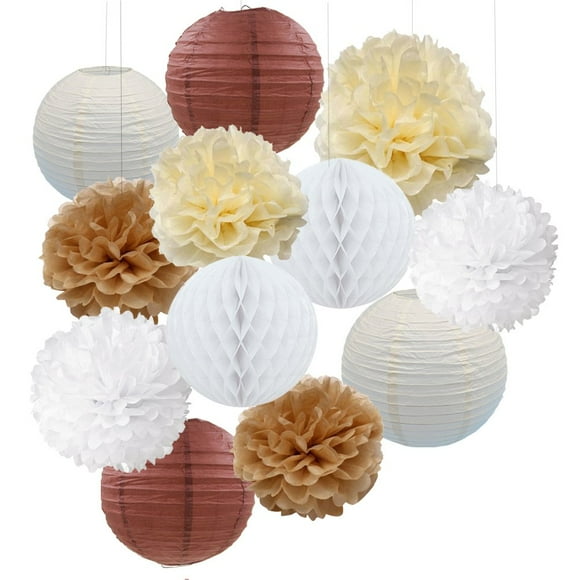 12PCS Cream Tan Brown White Party Paper Kit Tissue Pom Poms Paper Lantern Honeycomball Rustic Wedding Vintage Baby Shower Nursery Decoration