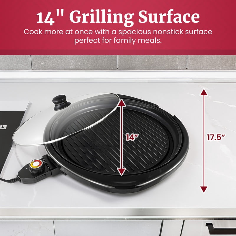 Elite Cuisine EMG508 14-inch Electric BBQ Grill with Tempered Glass Lid