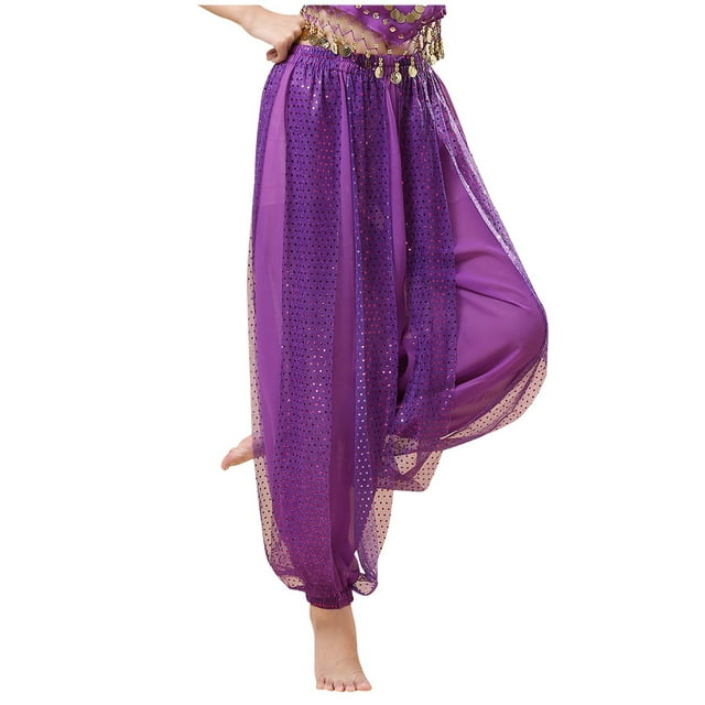 Sequin Pants for Belly Dance Performance - Chiffon Highlight Pants, Sexy Style, All Season, Hand Wash or Dry Clean