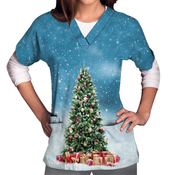 Chiccall Women's Christmas Costume V-Neck Short Sleeve Nursing Uniform Xmas Tree Printed Workwear Holiday Casual Graphic Tees Blouse Scrubs Tops with Pockets,on Clearance
