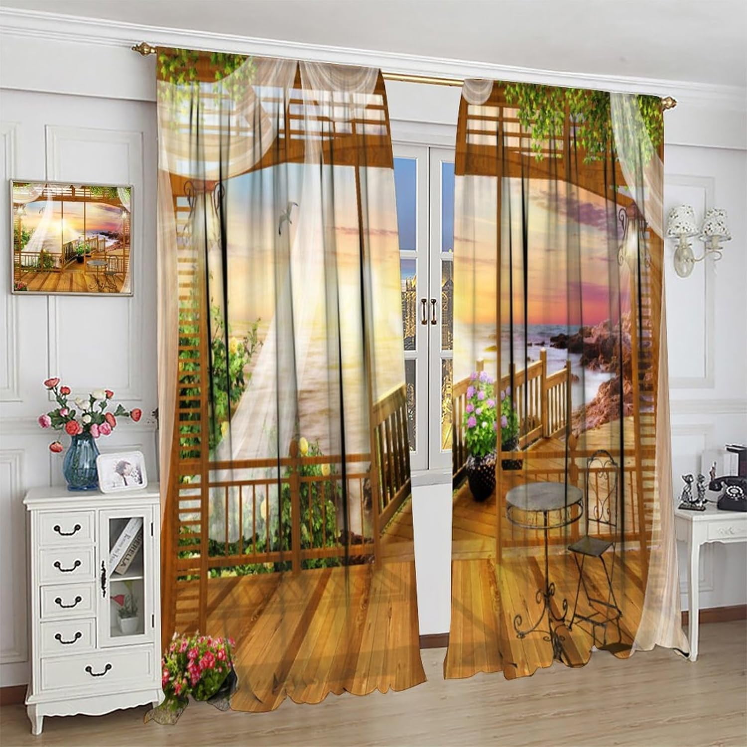 Sunset Ocean Curtains, Ocean Scene Beach View Sea Wave Summer Tropical Seaside Scenery Thermal Insulation Blackout Window Treatments for Bedroom Cafe, 84" W X 84" L