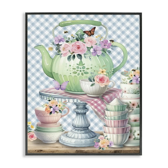 Stupell Industries Tea Kettle on Gingham Food & Beverage Painting Black Framed Art Print Wall Art, 11 x 14