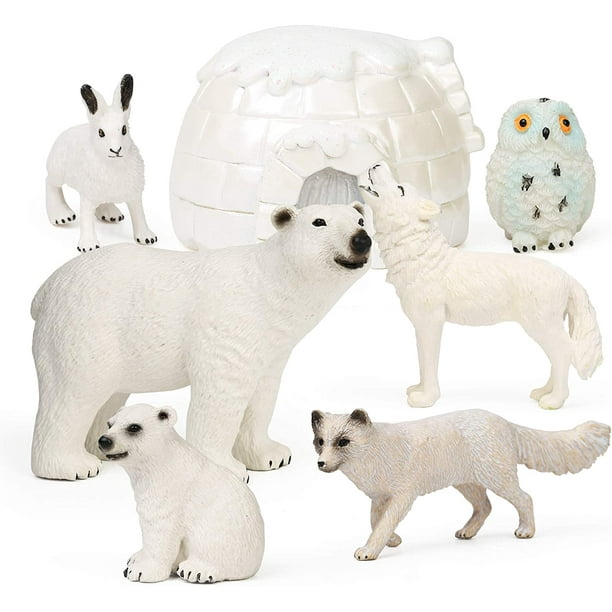 Toymany Lot de 14 petites figurines d'animaux polaires en plastique  comprenant un ours polaire, un caribou, un pingouin, un morse, un loup, des