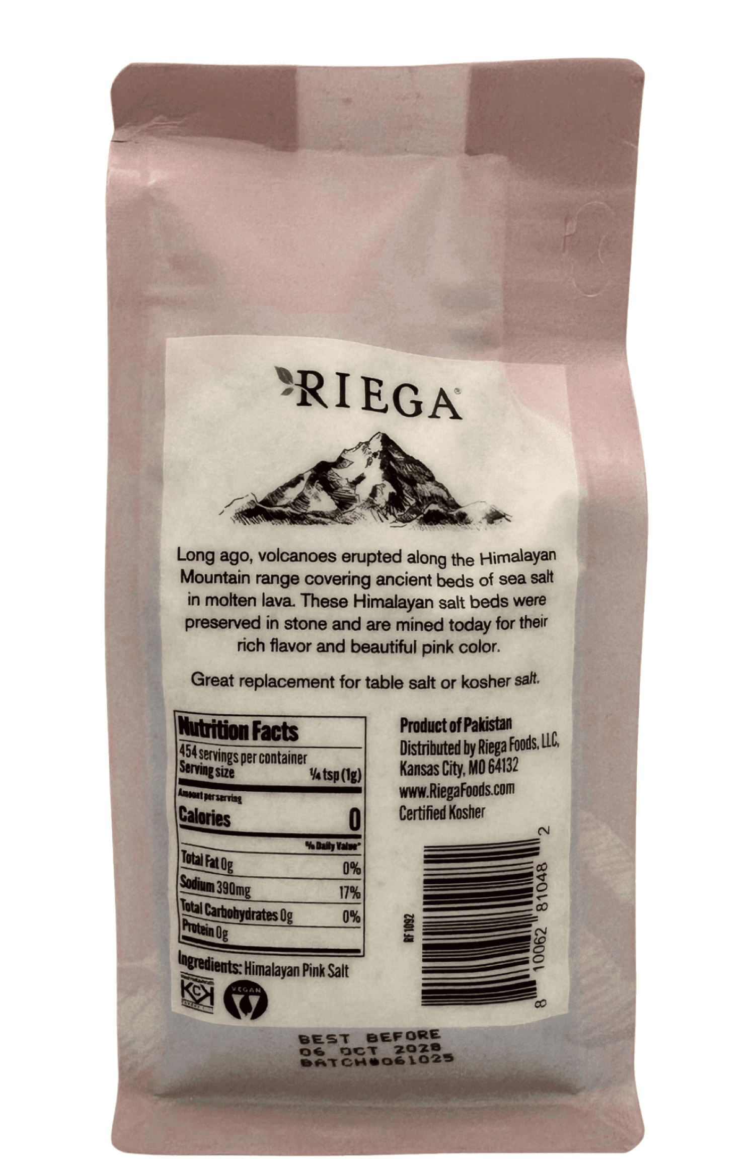 Riega Himalayan Pink Salt 1 lb Bag - Kosher, Mineral-Rich, Allergen-Free