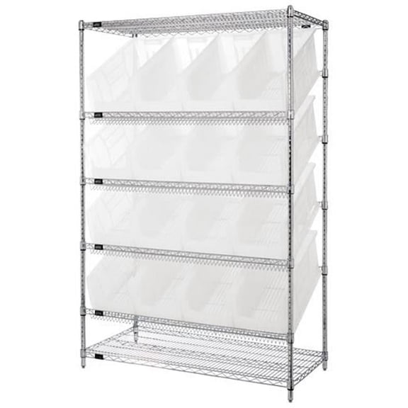 Wire Unit Slanted Shelves With 16 Bins, Clear - 24 x 48 x 74 in.