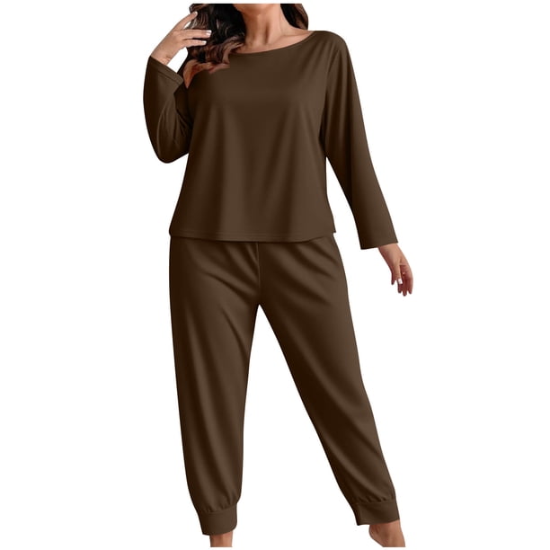 Conjunto de pantalones y blusa de poliéster para mujer, de talla grande, a la moda, de manga larga y color liso, informal, para estar en casa