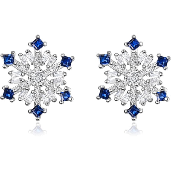 Gems Jewels 925 Sterling Silver 2.00 Ct Princess Cut Blue Sapphire Snowflake Push Back Stud Earring's 14K White Gold Plated For Women's