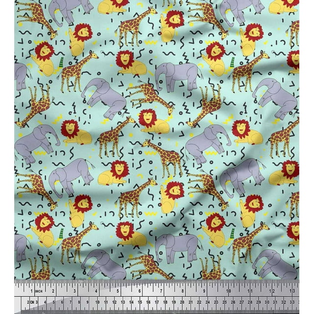 Soimoi Green Polyester Crepe Fabric Lion,Giraffe & Elephant Kids Fabric Prints by Yard 52 Inch Wide