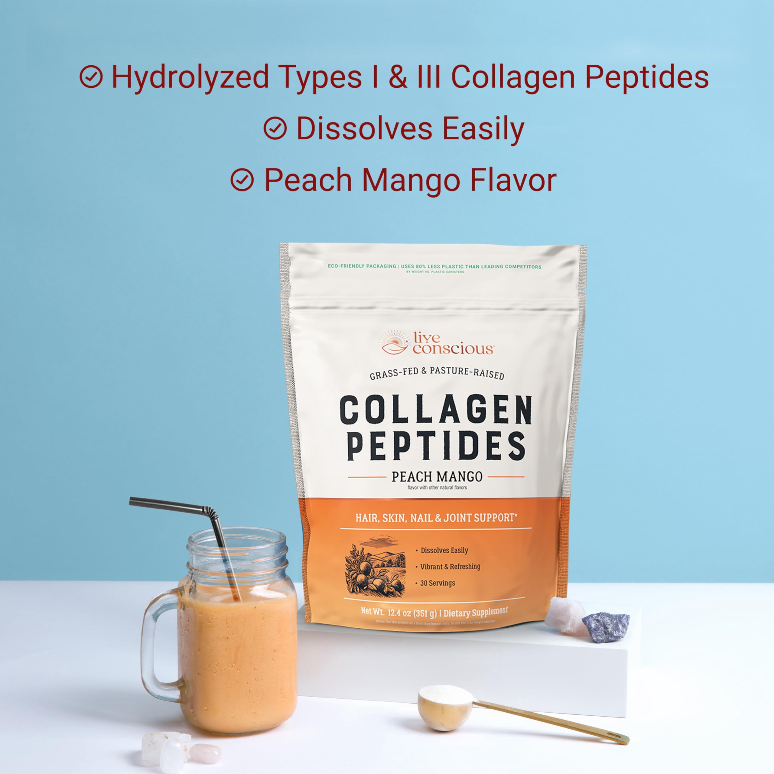 Live Conscious Peach Mango Collagen Peptides Powder, Grass-Fed Types I & III, Skin, Hair, Nails & Joint Support, 30 Servings