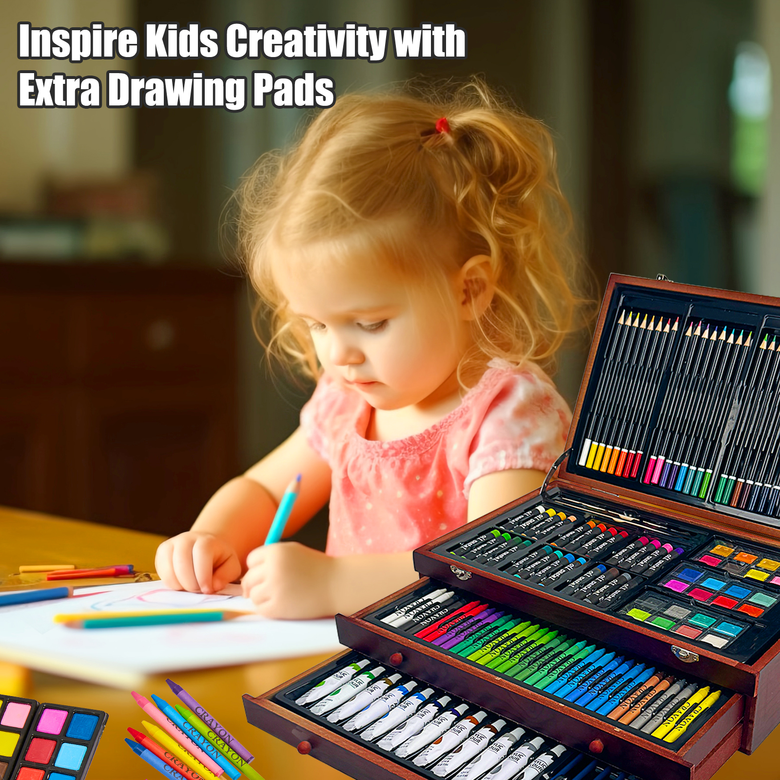 KINSPORY 175 pack Deluxe Wooden Case Drawing Painting Kit, Art Set and Crafts Gift Box with 24 Acrylic Paint for Artist Adults Beginners Kids (Brown)