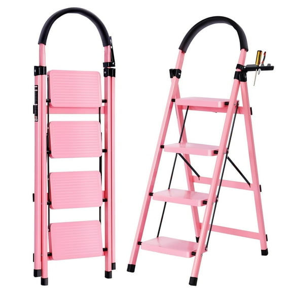 4 Step Ladder, 330lbs Heavy Duty Folding Step Stool with Handrail & Tool Holder, Anti-Slip Wide Pedals, Sturdy Carbon Steel Stepladder for Home, Garage, Garden, Lightweight & Portable, Pink