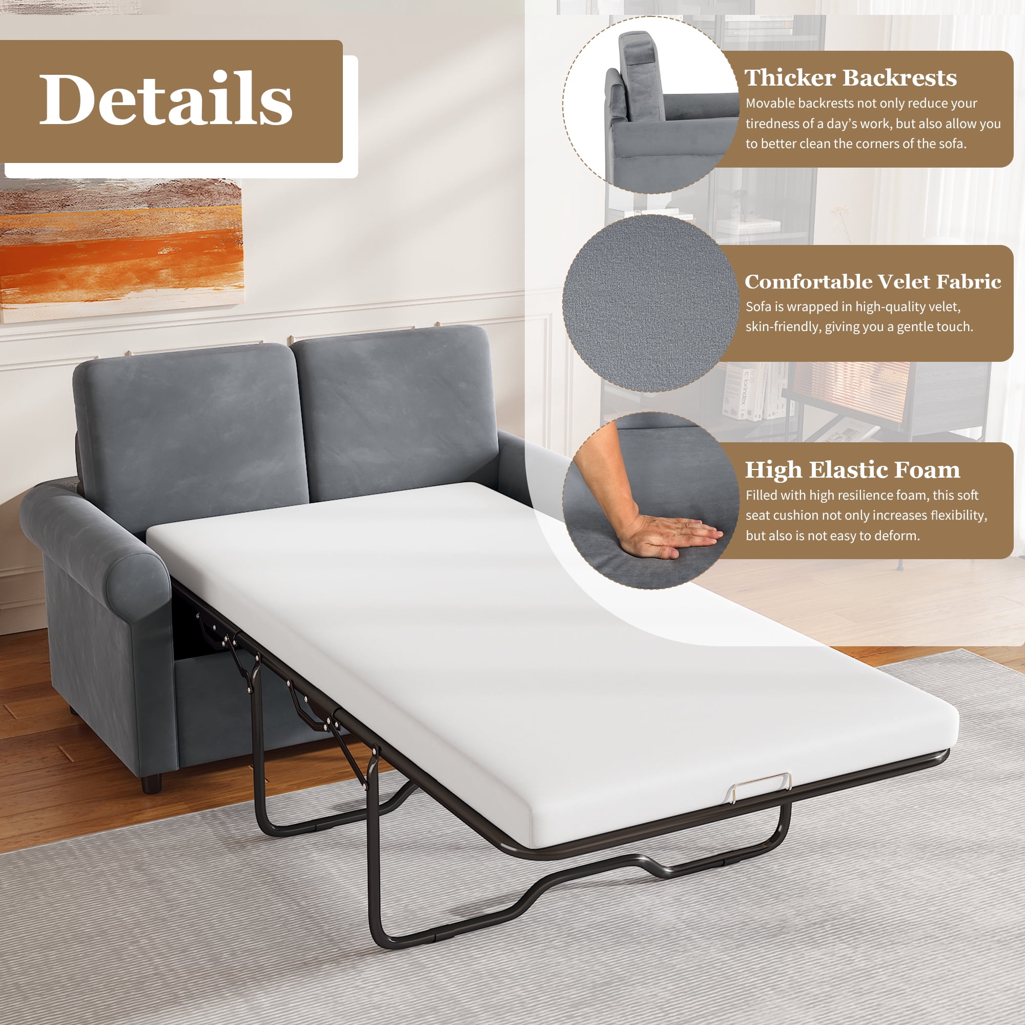 EUROCO 500LBS 57.4" Pull Out Sofa Bed,Twin Sleeper Sofa Couch with Mattress Pad,Large Sofa Sleeper Pullout Couch Bed with 2 USB Ports for Living Room Office