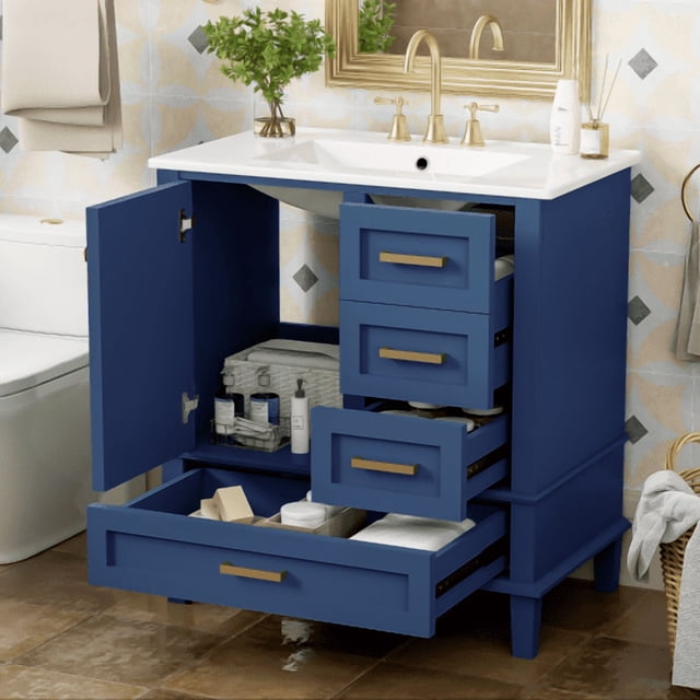30" Bathroom Vanity , Modern Bathroom Cabinet with Sink Combo Set, Bathroom Storage Cabinet with a Soft Closing Door and 3 Drawers, Solid Wood Frame(Blue)